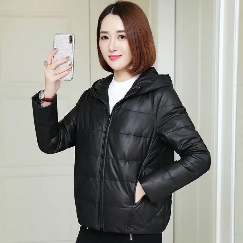 Fashion PU Leather Jackets Winter 2024 New Women's Cotton Coat Parka Loose Casual Hooded  Black Leather Coat Parkas Female