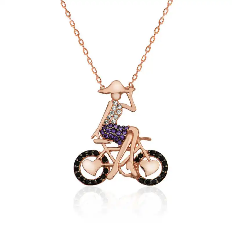 Silver Bicycle Girl Necklace Zircon Stone 925 Sterling Women Fine Jewelry Wedding Party Birthday Gift - Box - Pendant - Chain Choker - Female - Ladies - Fashion