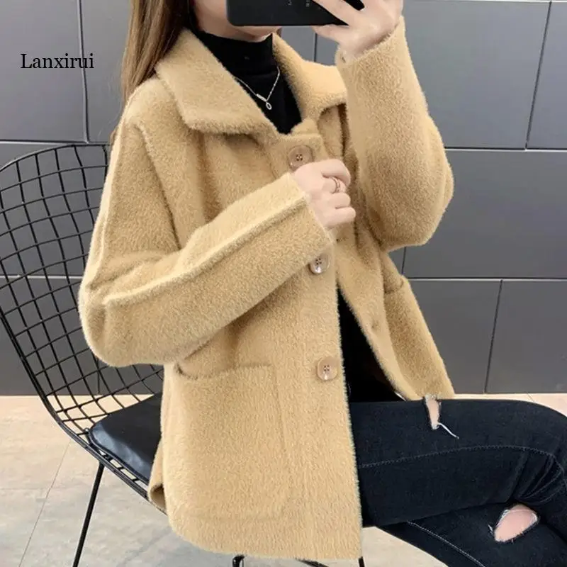 Women Autumn Winter Faux Mink Full Thick Cardigan Female Sweater New Lazy Wind Loose Imitation Velvet Knit Outerwear