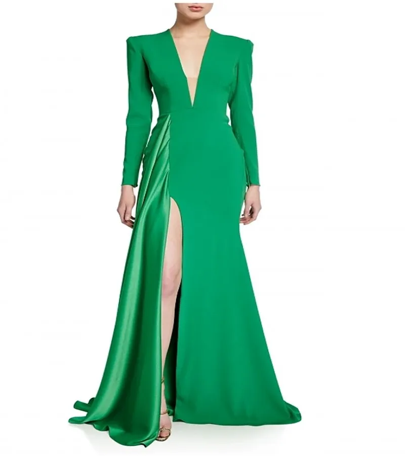 Vestido Formal De noche árabe De Dubái, vestido De fiesta De graduación De manga larga con cuello De pico, elegante, verde, sirena, 2023