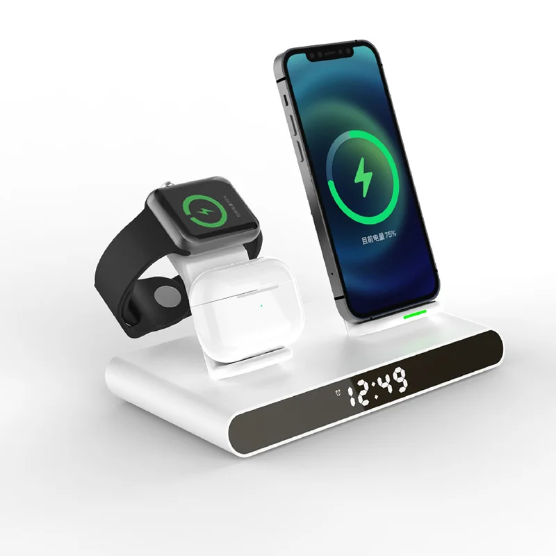 

Multifunctional Wireless charger with alarm clock Fast Wireless Charger with LED Digital Clock Portable Earphone Smart Watch