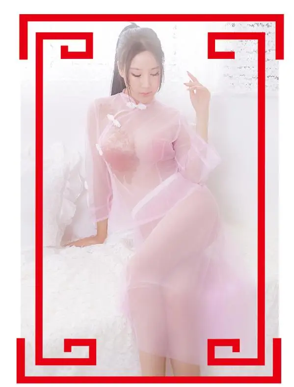 Women Lady Sexy Customized Cheongsam Set Transparent Mesh Uniform Qi Pao Retro Stylish