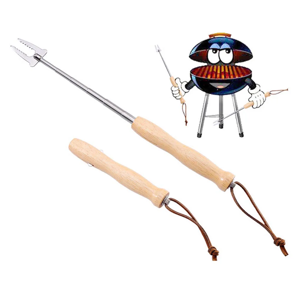 Camping Grill Bar Retractable Wooden Stainless Steel Barbecue Fork For BBQ Hot Dog Telescopic Camping Campfire Accessories