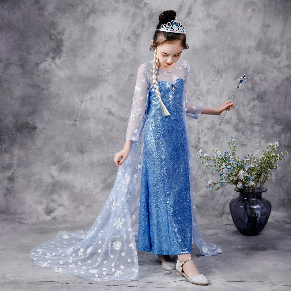 2020สาว Elsa 2 Princess Sequin ชุด Snowflake Cape Crown เสื้อผ้าเครื่องแต่งกายฮาโลวีนสำหรับเด็กแฟนซีชุด