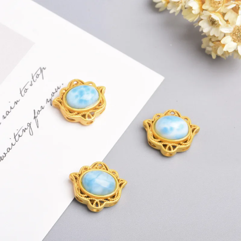 ZHEN-D Perhiasan Kualitas Tinggi Alami Larimar Perak Sepuh Emas Bentuk Lotus Mini Konektor Spacer Bead DIY Liontin Kalung Hadiah