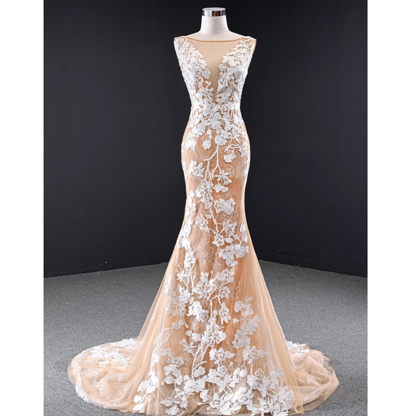 Robe de mariée sans manches, couleur ivoire, dentelle, dos lacé, sirène, traine, couleur Champagne, 2021