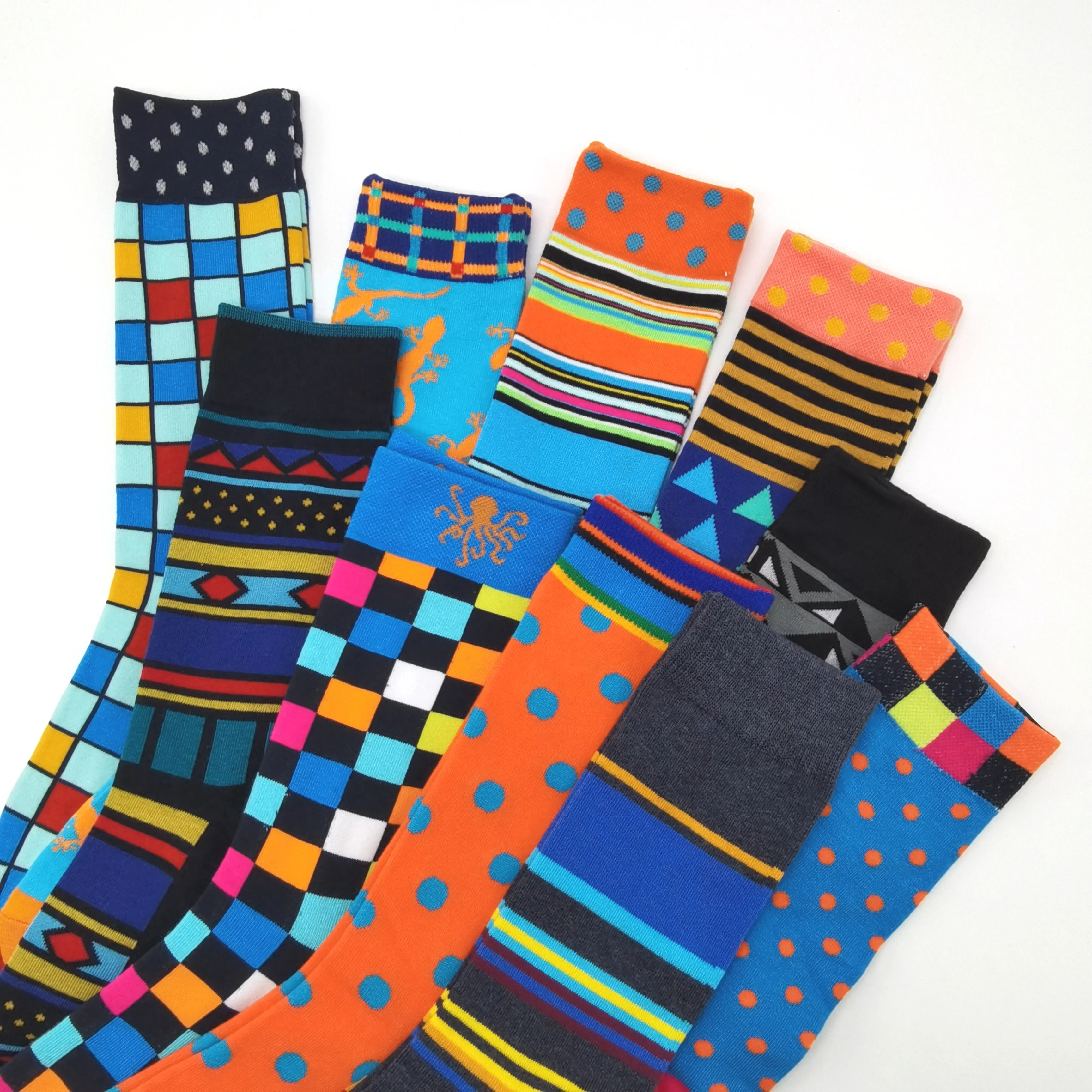 10 Pairs/Pack Men's Fun Dress Socks Fantasy Diamond Stripe Wave Point Pattern Colorful Funny Novelty Art Happy Crew Socks