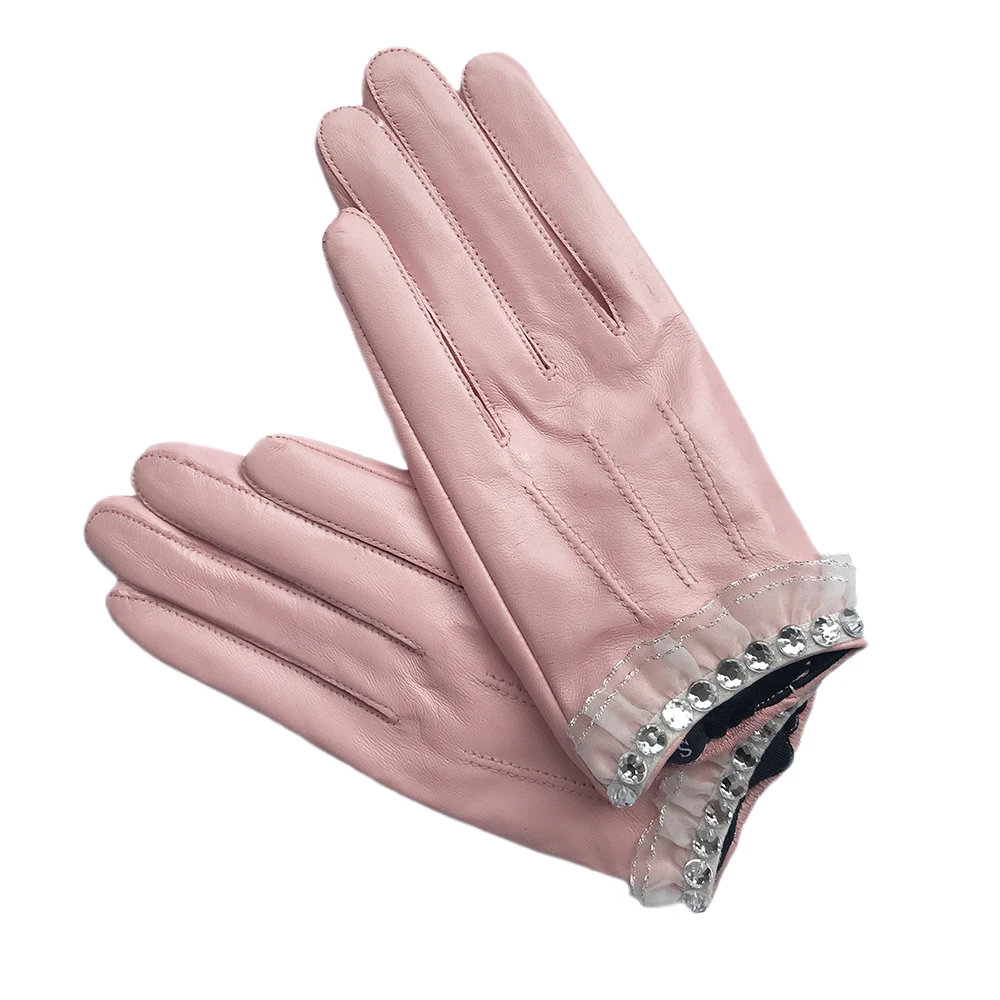 

Women's Genuine Leather Gloves Floral Border Fashion Driving gloves sheepskin Finger Gloves Warm In Winter New Arrival Gray