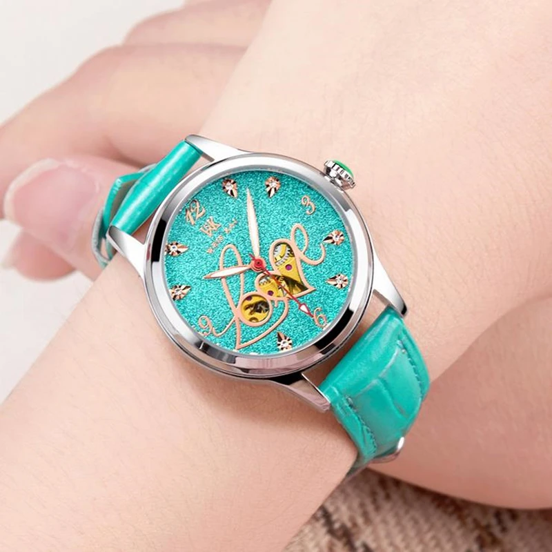 WEISIKAI Mechanical Watch for Women Luxury Rhinestone Tourbillon Luminous Hollow Love Leather Strap Ladies Wristwatch Gift 149L