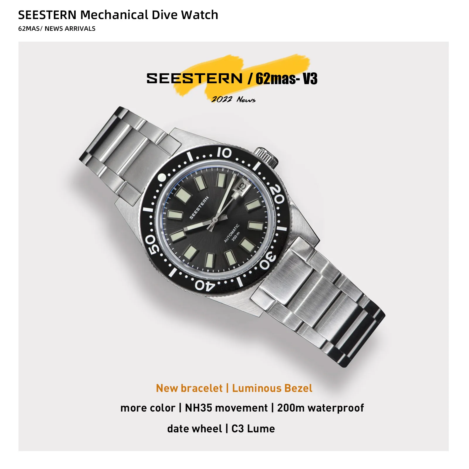 SEESTERN 62MAS Diving Watch Men Automatic Mechanical Wristwatch Luminous Bezel Waterproof NH35 Movement Sapphire Glass Bracelet