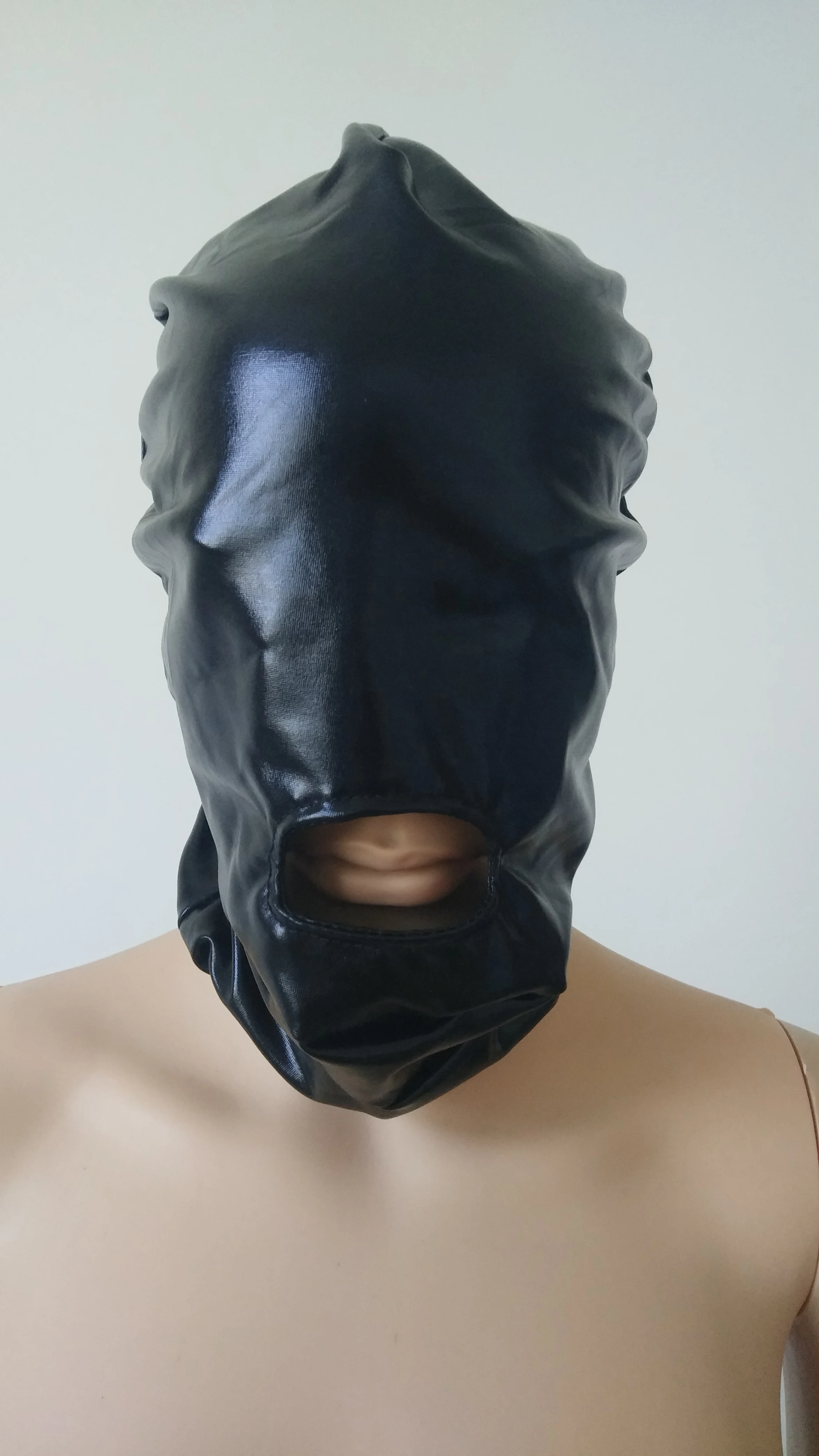 สีดำสี Unisex Zentai เครื่องแต่งกาย Party Halloween Cosplay Hoods Shiny Metallic Hood เปิดปาก