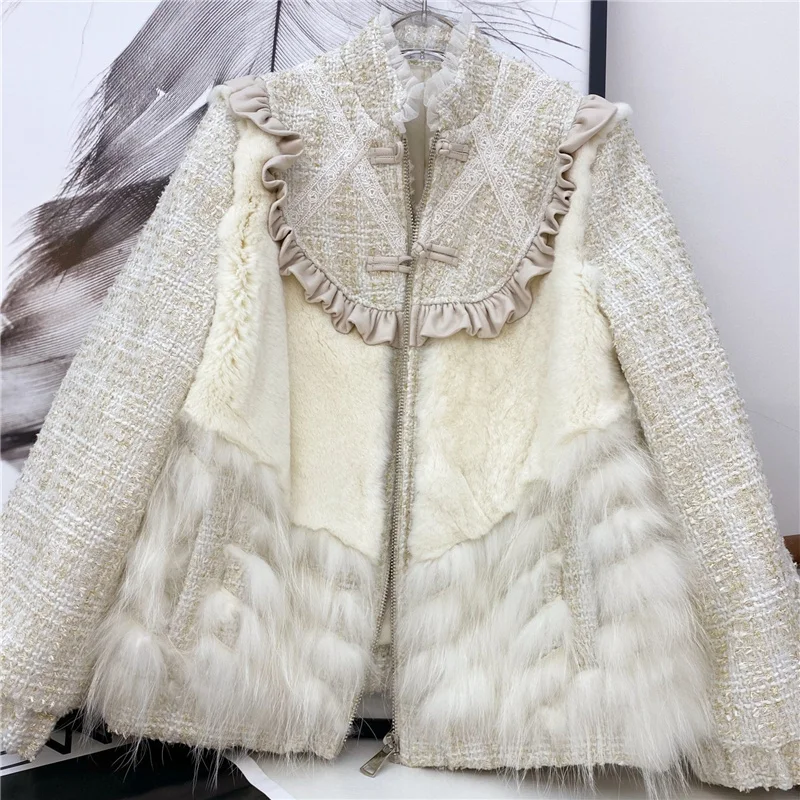 Tweed Patchwork Lace Winter Warm Rex Rabbit Coat Women Real Raccoon Fur Jacket Ruffle design