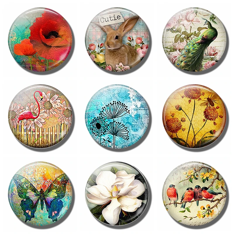 Mini Refrigerator Magnet Stickers Flowers and Animals Glass Cabochon Magnet for Fridge Decor Leave a Message Fixed Photo 30mm