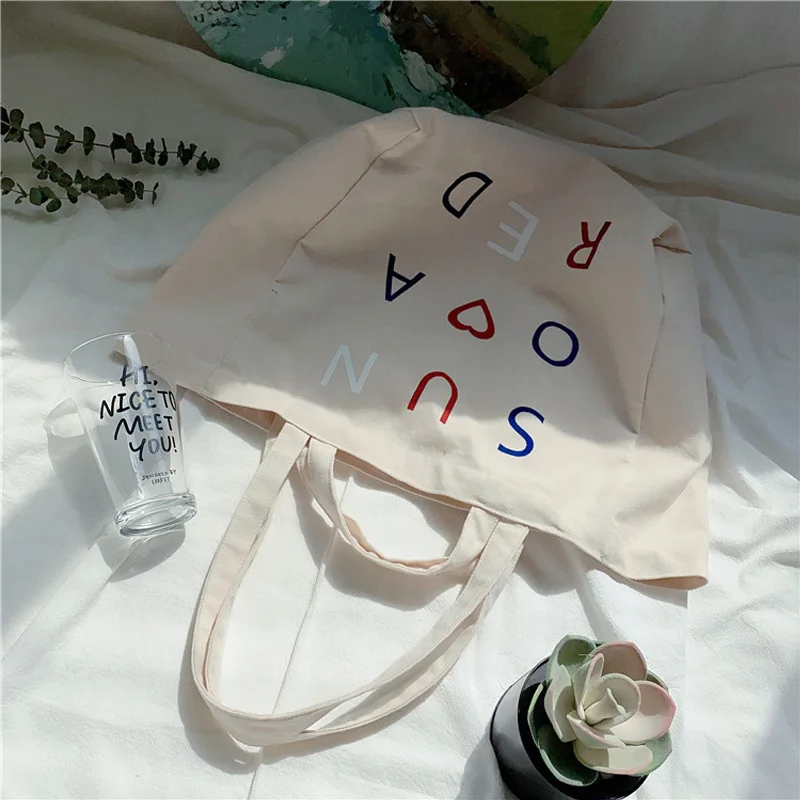 Women Large Canvas Shopping Bag Reusable Cotton Tote Grocery Handbag Eco Big Books Bags Shopper Cute Shoulder Bags For Ladies