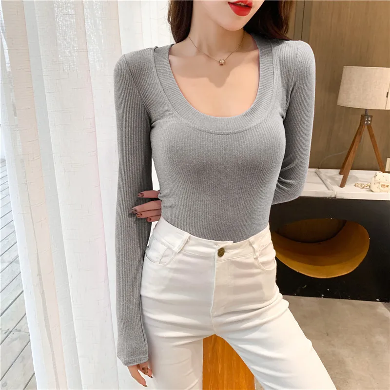 MRMT 2024 Brand New Women' Slim Solid Color U neck Long Sleeve T Shirt Women's Threaded Cotton Stretch Thin Lined Base Shirt