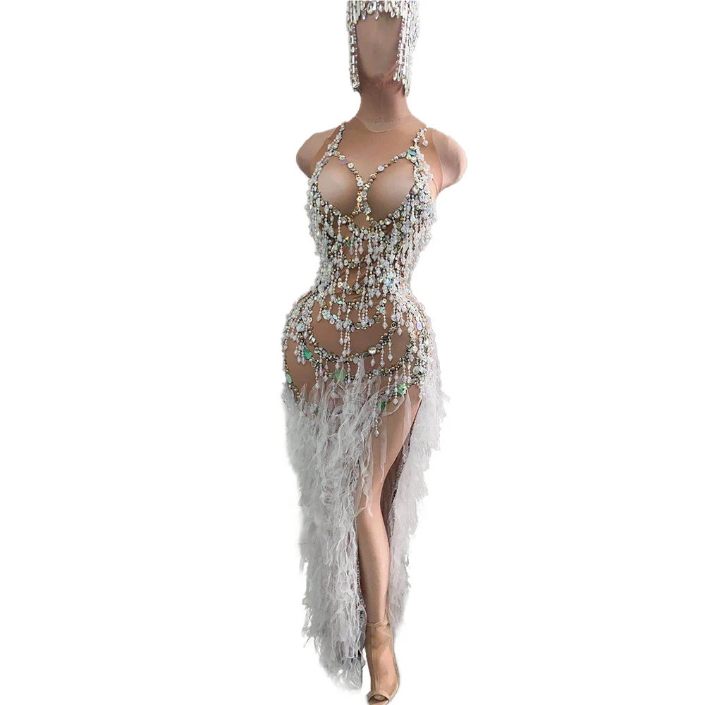 Sexy Women Party girl Club Dress Nude Tassel Crystal Bodycon Dress High Slit Singer Rhinestone Dress Stage Outfits