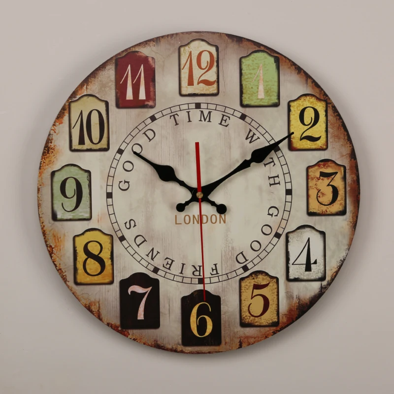 Vintage 34cm Round Home Decor Wooden Wall Clock With Arabic Number and Good Time With Good Friend London Printed 14 Inches Clock