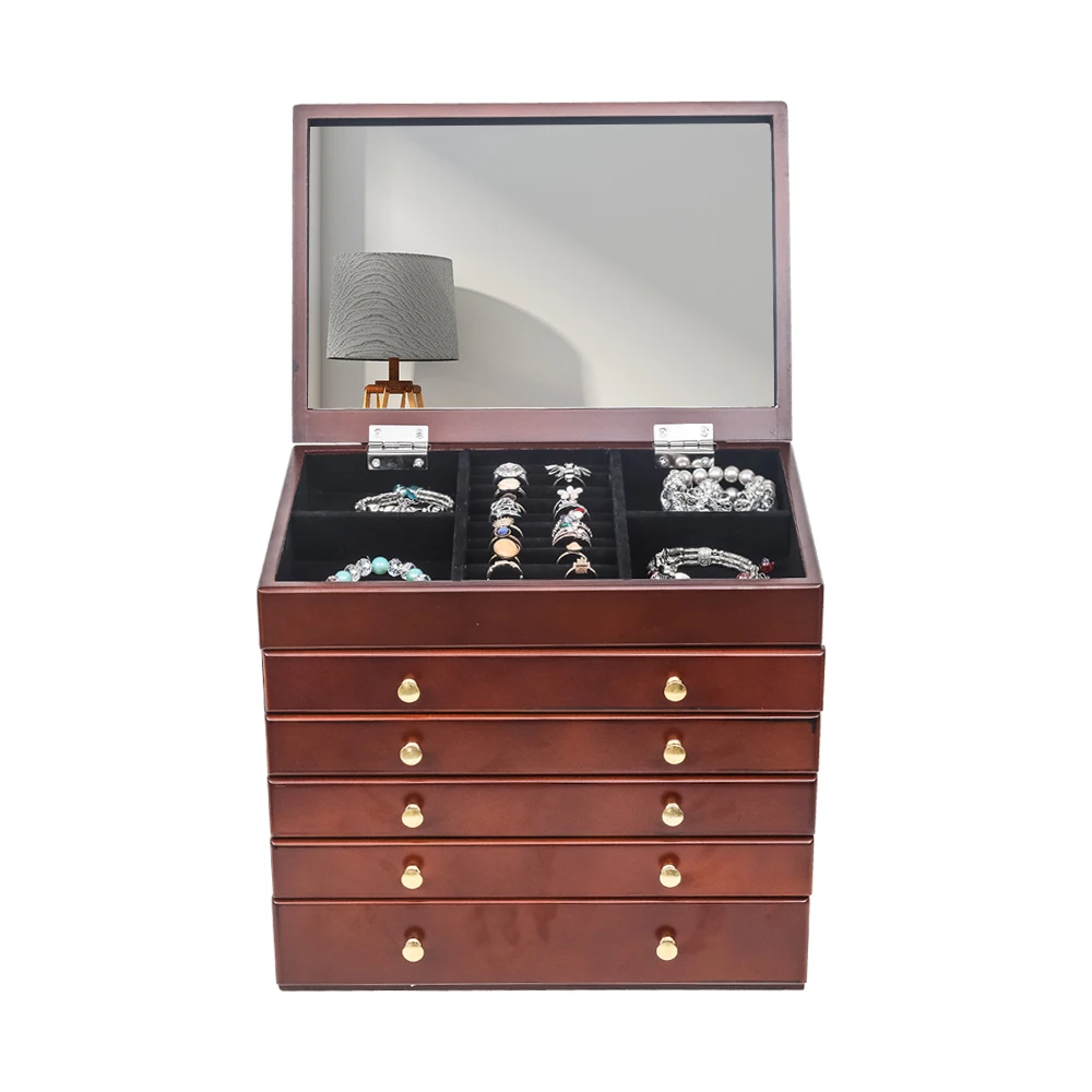 

Large Jewelry Organizer Wooden Storage Box 6 Layers Case with 5 Drawers Brown US wAREHOUSE