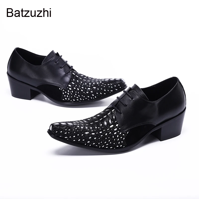 

Batzuzhi Luxury High Heels Men's Shoes Pointed Toe Black Genuine Leather Dress Shoes Men Lace-up Formal Business, Party Footwear