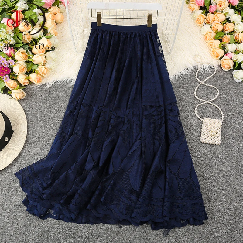 Summer Solid Lace Skirt Women Sweet Mesh High Waist Elegant Office Ladies Korean A-Line Long Skirts Saias