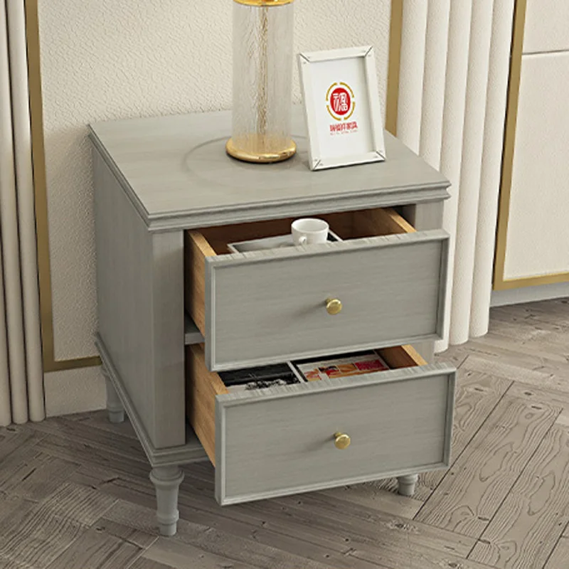 American Light Luxury Bedside Table Simple Bedroom Double Drawer Cabinet Modern Solid Wood Storage Locker