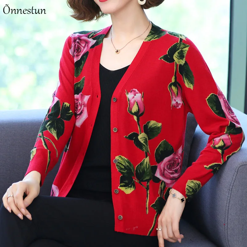 

Print Female Cardigan Autumn Spring Knitted Sweaters Women Korean Style Long Sleeve Tops V Neck Cardigans Women