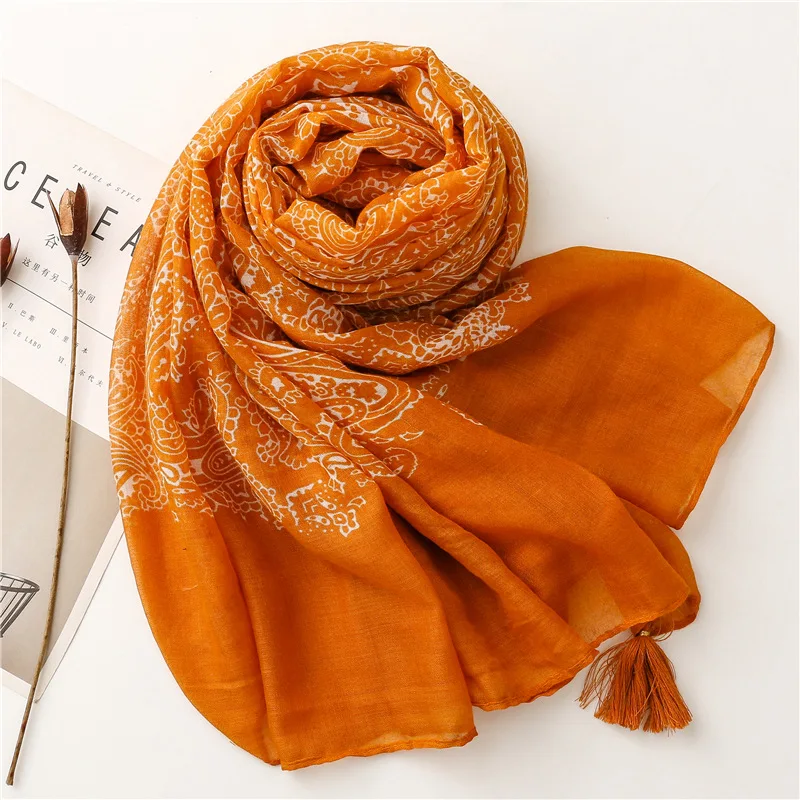 New Women Fashion Orange Cashew Floral Viscose Shawl Scarf From Aztec Ethnic Echarpe Foulard Femme Bufanda Muslim Hijab 180*90Cm