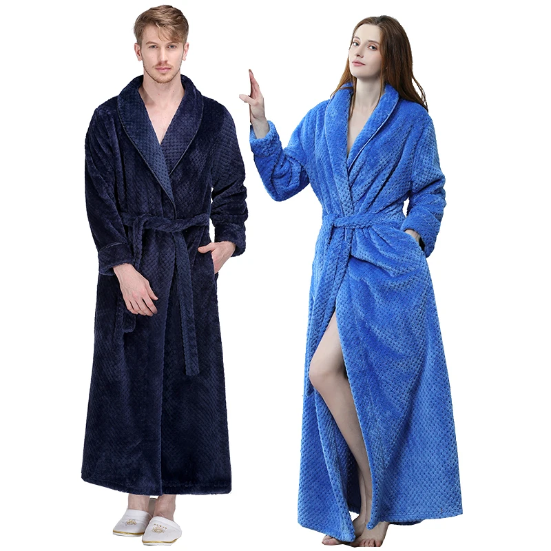 Men Winter Extra Long Thick Warm Grid Flannel Bathrobe Mens Luxury Kimono Bath Robe Women Sexy Robes Male Thermal Dressing Gown