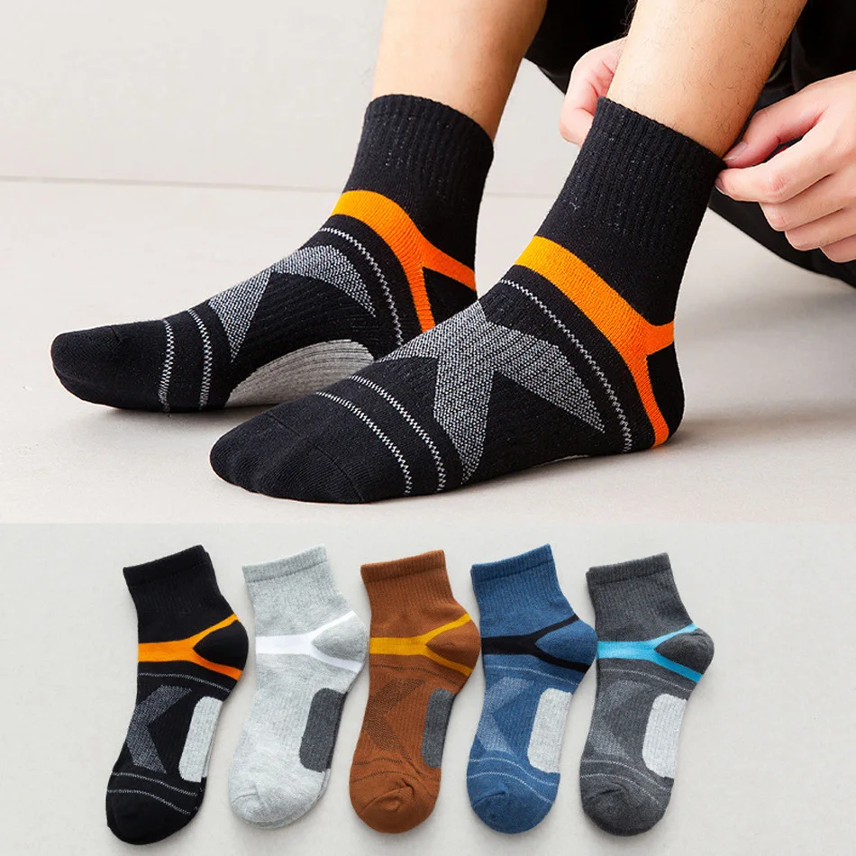 5 Pairs-pack Men\'s Crew Socks Autumn Winter Fashionable Colorful Splicing Cotton Socks Casual Working Socks Men Size 38-44