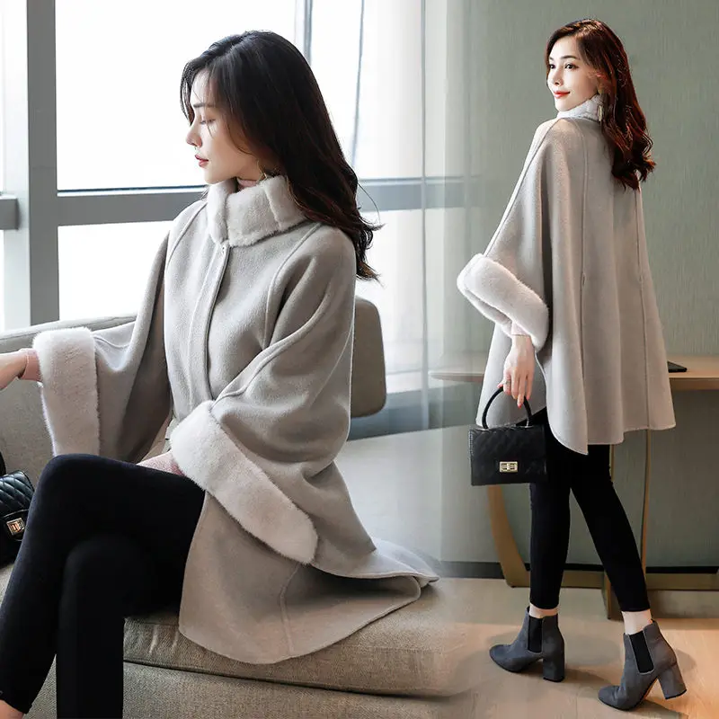 

Woolen Coat Women's Korean Cloak Jacket 2020 New Autumn And Winter Fashionable Slim Blend Coat With Fur Collar 3/4 Sleeve y429