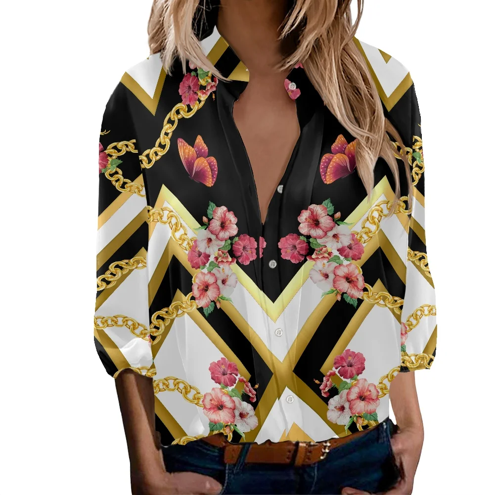 

2022 New Style Women Shirt Long-Sleeved Lapel Single-Breasted Casual Shirt European Baroque Retro Gold Jewelry Print Clothing