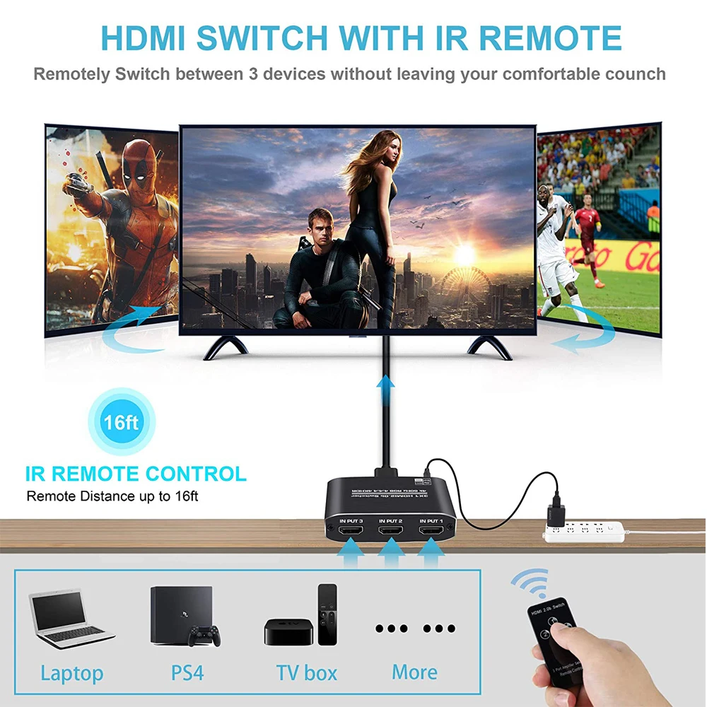 Navceker 4K 60Hz Mini 3 Port przełącznik HDMI rozdzielacz przełącznik HDMI 2.0 4K 1080P HDR 3 w 1 Port koncentratora na DVD HDTV Xbox PS3 PS4