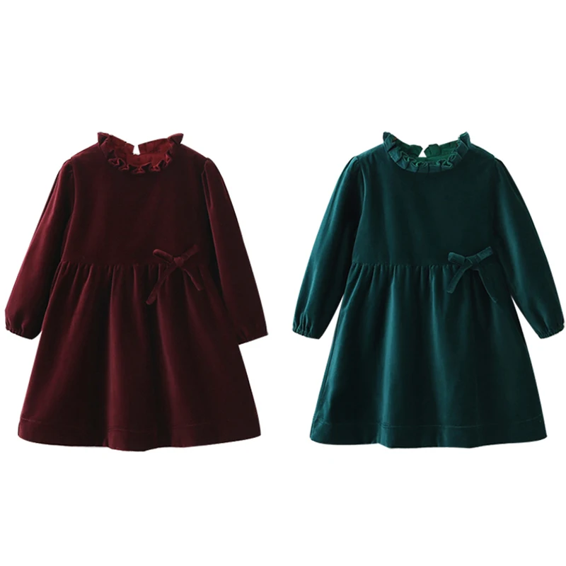 Spring Solid Color Long Sleeve Toddler Velour Dresses 1-8Yrs Baby Girls Dress Sweet Kids Velvet Clothes Princess Ruffles Dresses