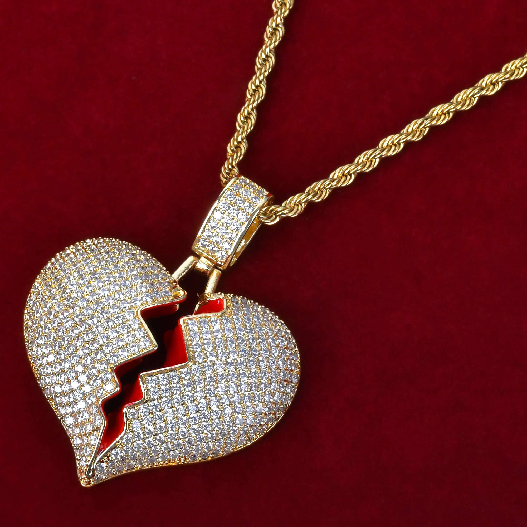 Broken Heart Pedant Necklace For Women Real Gold Plated Hip Hop Jewelry