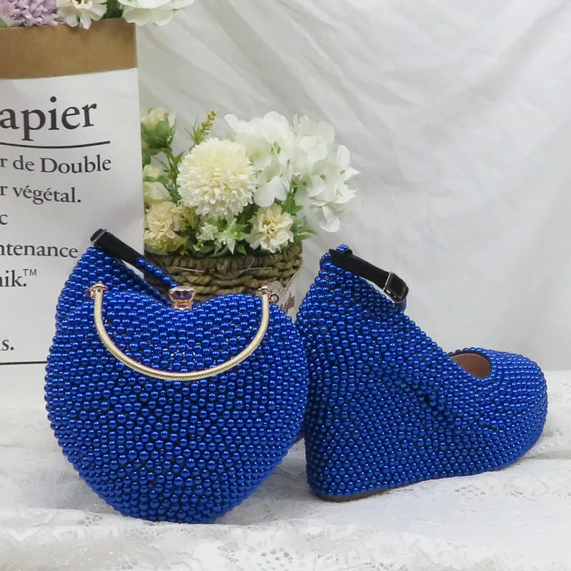 BaoYaFang Royal Blue Pearl Ankle Strap Wedding shoes and bags platform shoes Wedges Woman Pumps High Shoes Buckle Round Toe