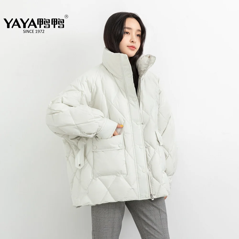 YAYA 2021 Winter Women\'s New Short 90% Puffer Duck Down JacketThick Stand Collar Casual Zipper Button Outerwear Over Padded Coat