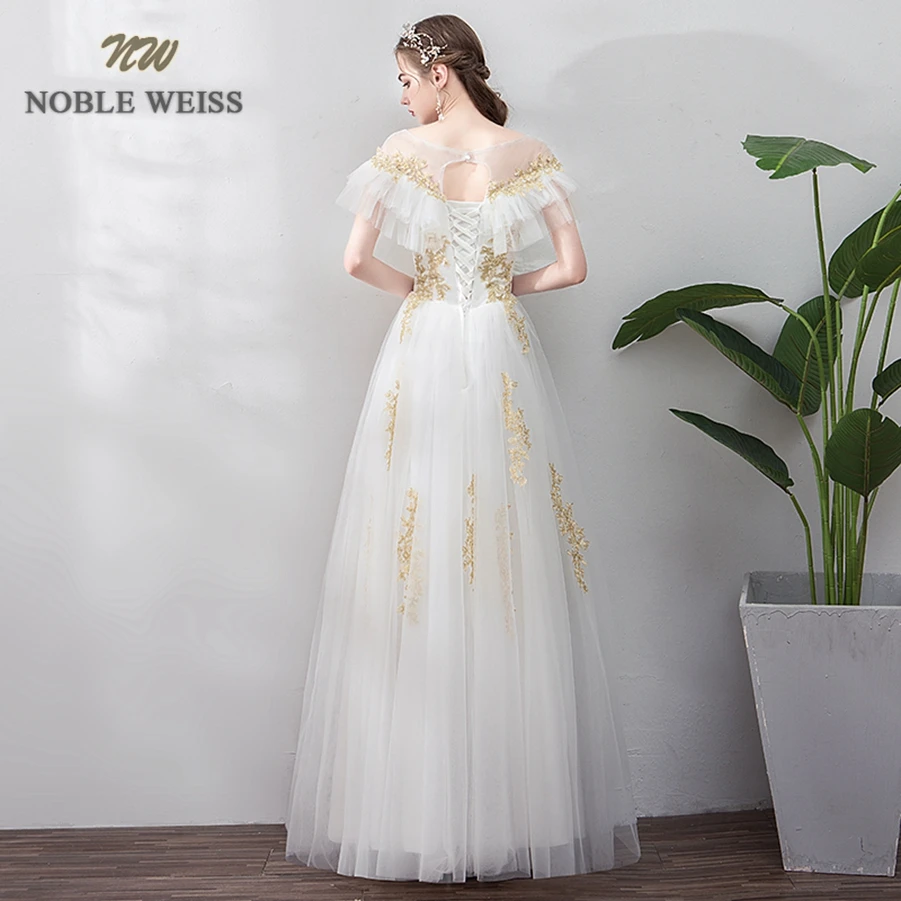 Wedding Dresses O-neck Tulle A-line Gold Appliques Wedding Dress Sexy Floor-length Bridal Dresses with Cap Sleeves Wedding Gown