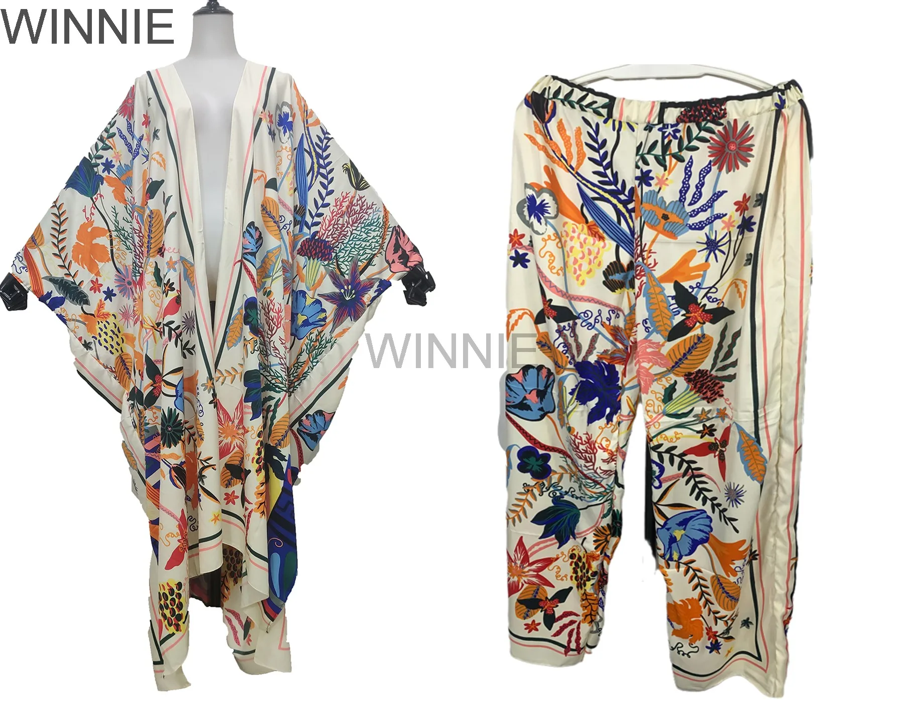 Kimono Floral bohemio para mujer, cárdigan y pantalones de talla libre, traje de dos piezas para mujer africana, traje musulmán