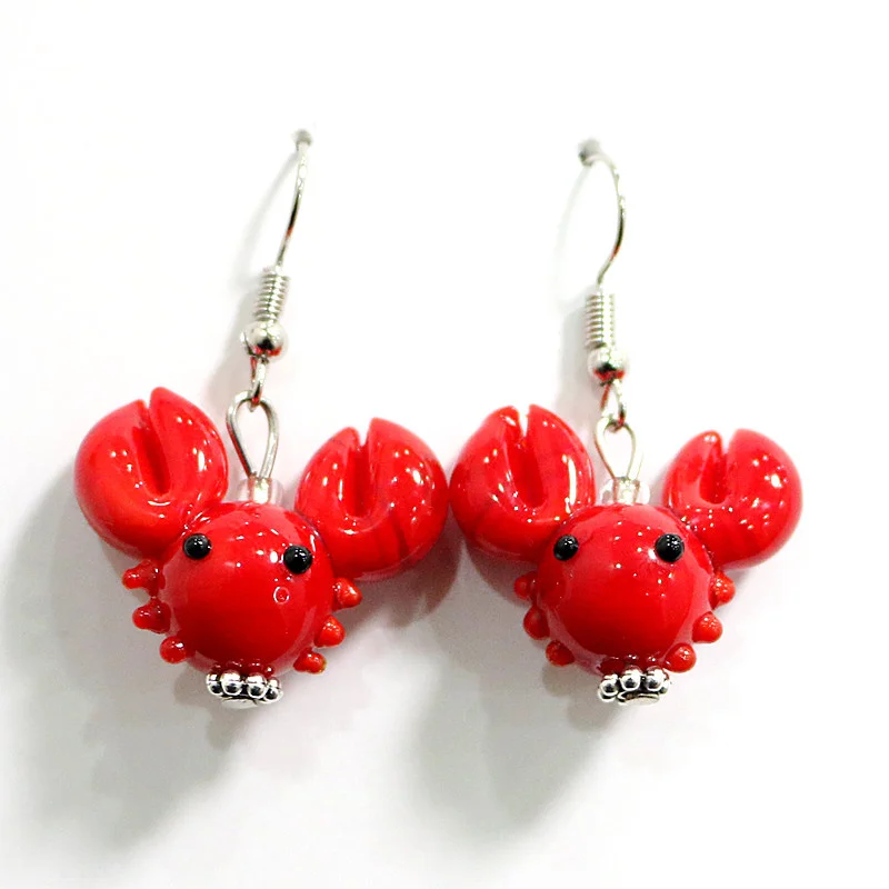 Funny Cute Handmade Red Glass Crab Earrings For Women Kawaii Xmas Charm Eardrop Cartoon Design Girls Fashion Jewelry Accessories