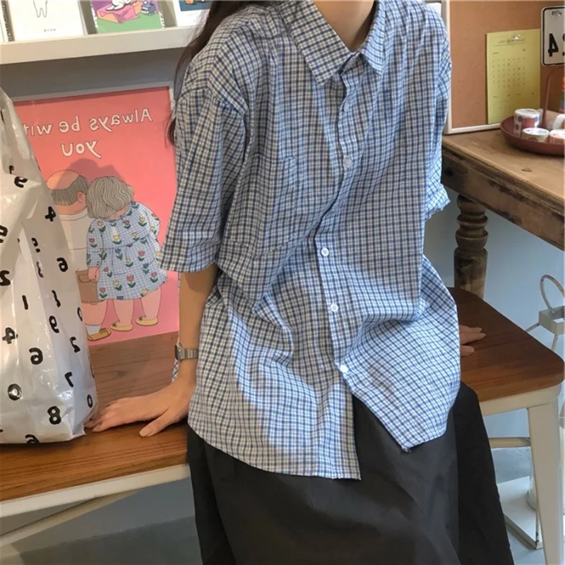 Summer Shirts Women Harajuku Plaid Blouses Short Sleeve Daily Streetwear Sweet Simple Ins Tops Korean Style Loose Girls Outwear