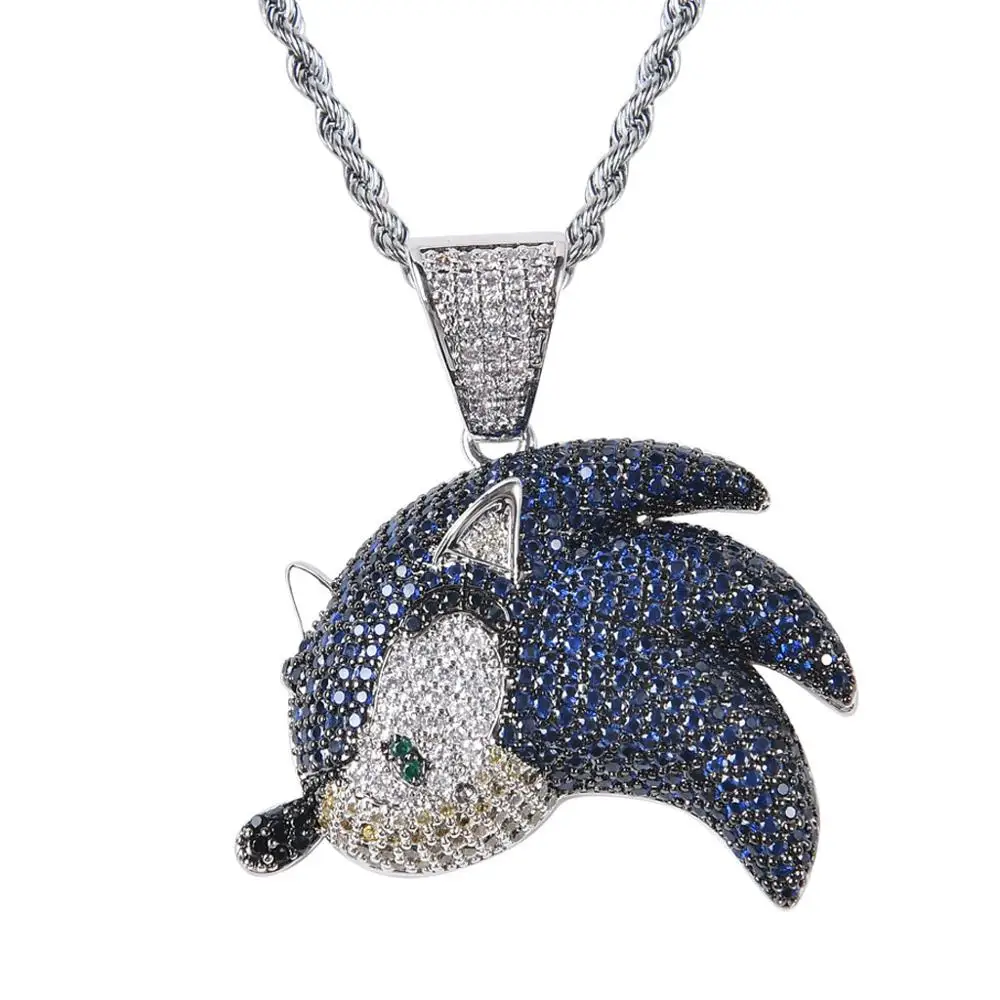 Hip Hop Paved Blue Cubic Zircon Bling Iced Out Hedgehog Flying Fish Elf Pendants Necklace for Men Luxury Charms Rapper Jewelry