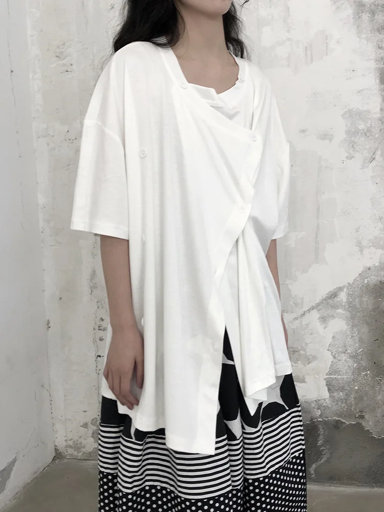 Ladies Short Sleeve Summer New Fashion Design Double Breasted Design Loose Casual Large Size Short Sleeve T-Shirt