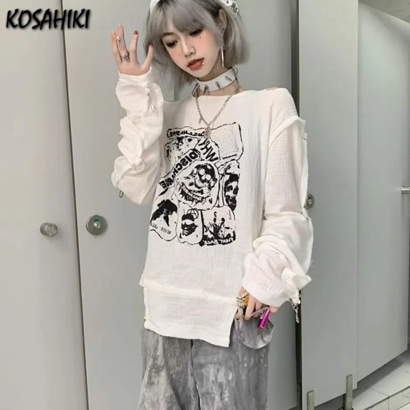 KOSAHIKI Korean Fashion White Gothic Lady Skull Print Loose T Shirt New Off Shoulder Long Sleeve Women Harajuku Thin T-shirt