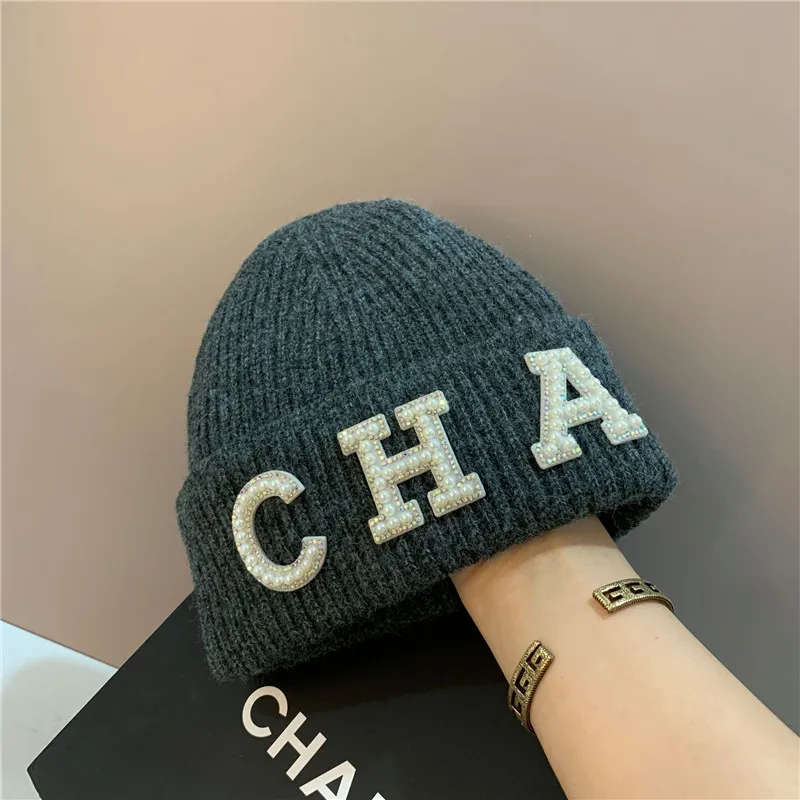 USPOP New Winter Hats Women Thick Warm Knitted Skullies Hats Pearl Letter CHA Soft Beanies