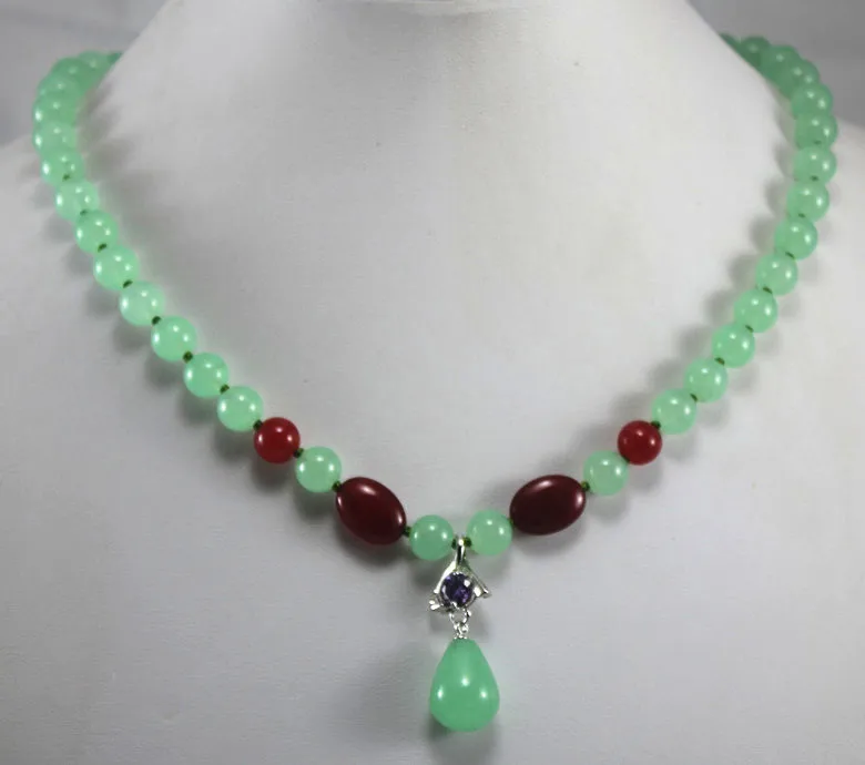 

beautiful wholesale/retail 8mm light green and red Jade necklace +14 mm green pendant