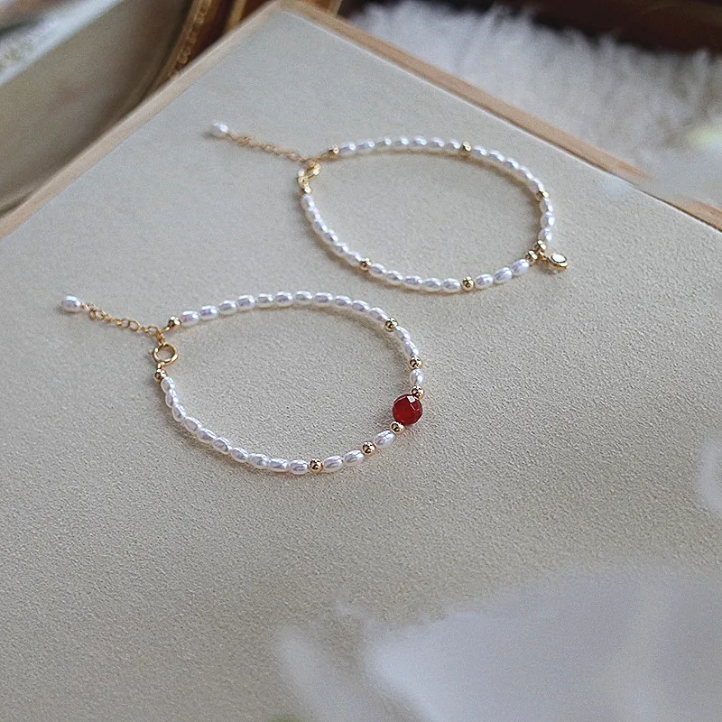 Original Real Natural Freshwater Pearl Bracelet for Women with 14K Gold Filled Button Red Agate Handmade Summer  Jewelry Gift