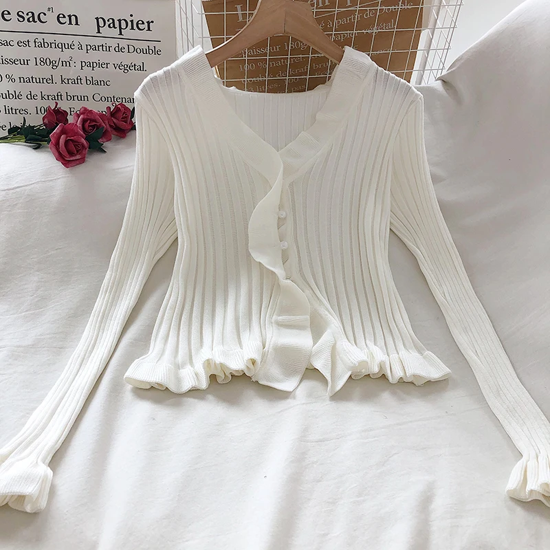 Korobov Korean Sweet Summer Cardigans Vintage Office Lady V Neck Flare Long Sleeve Ruffles Sweaters Japanese Knitwear Top