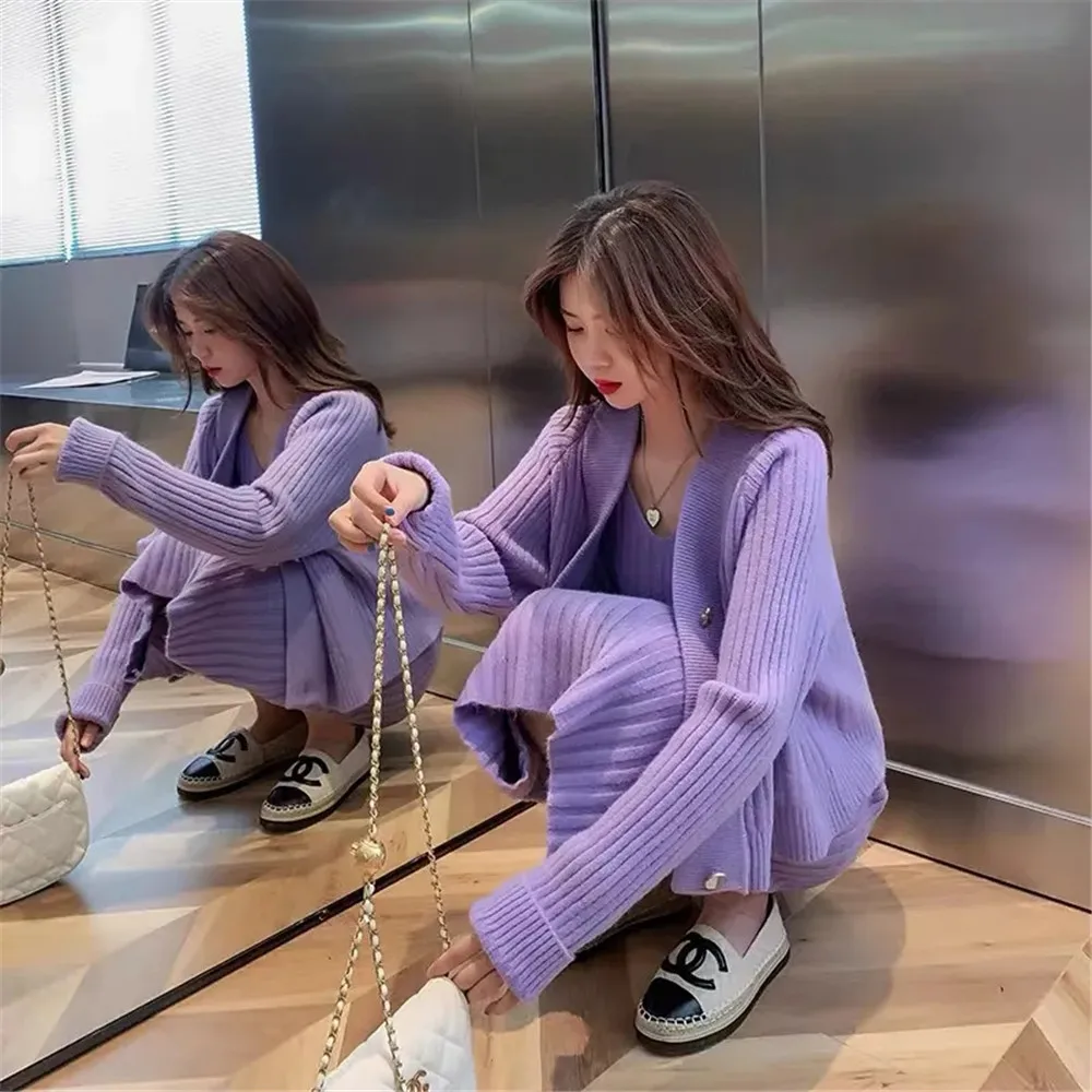 

Long Sleeve Knitted Purple Button Cardigan Women Spaghetti Strap Sexy Sleeveless Dress Casual Korean Harajuku Streetwear Sweater