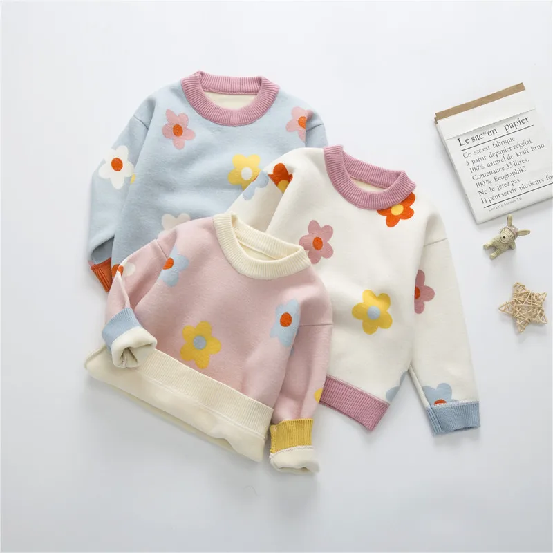 2024 Autumn Winter Girls Floral Knitted Sweater Baby Kids Thick Keep Warm Long Sleeve Tops Toddler Children's Pullover for Girls