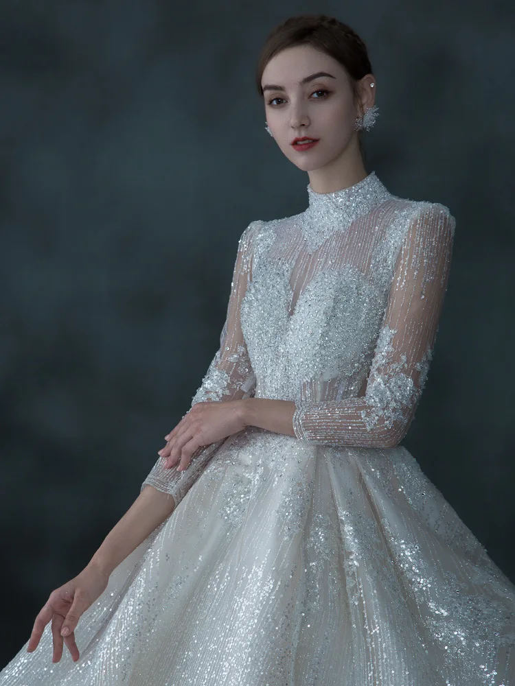 

Luxury High Neck Wedding Dresses Three Quarters Sleeves Crystal Beaded Sexy Shiny Applique Lace Illusion Princess Bridal Gowns